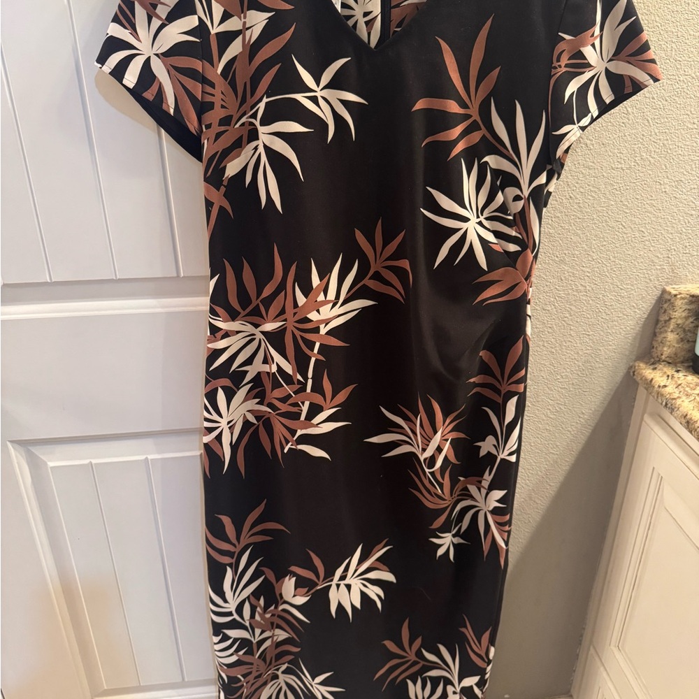 Talbots Black Midi Dress with Cream and Rust Leaf Print